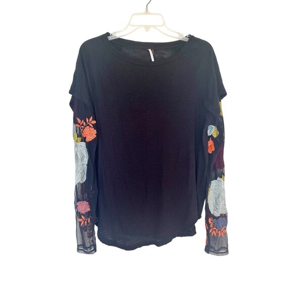 Free People Twofer Black Mesh Sleeve Floral Embroidered Lightweight Top Size L - Picture 1 of 12